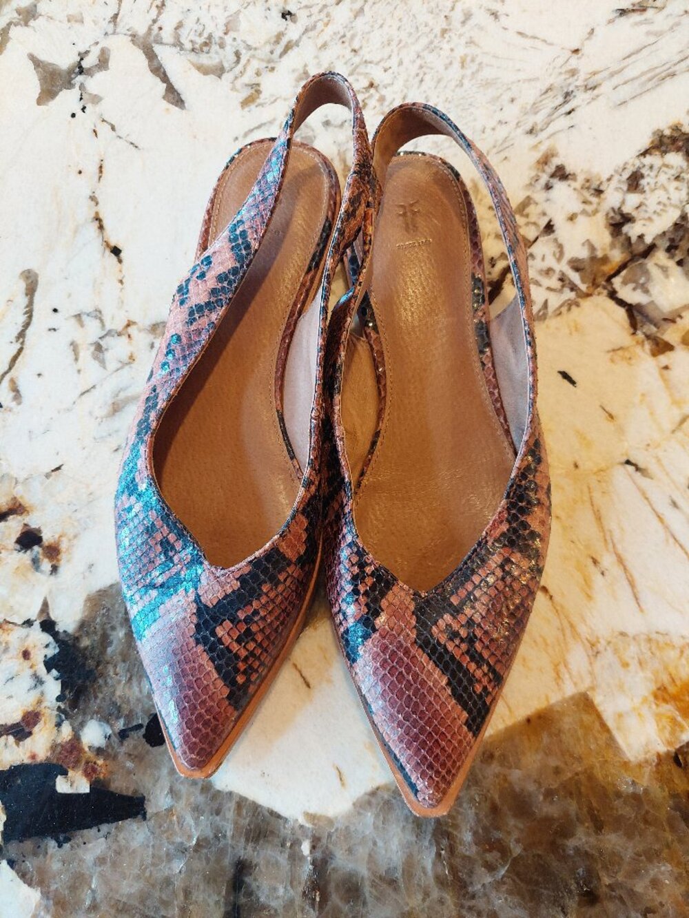 Frye Kenzie snake skin slingback flats
